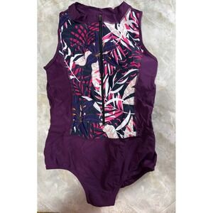Womens Purple Floral Print Sleeveless Zip Front One‎ Piece Swimsuit L